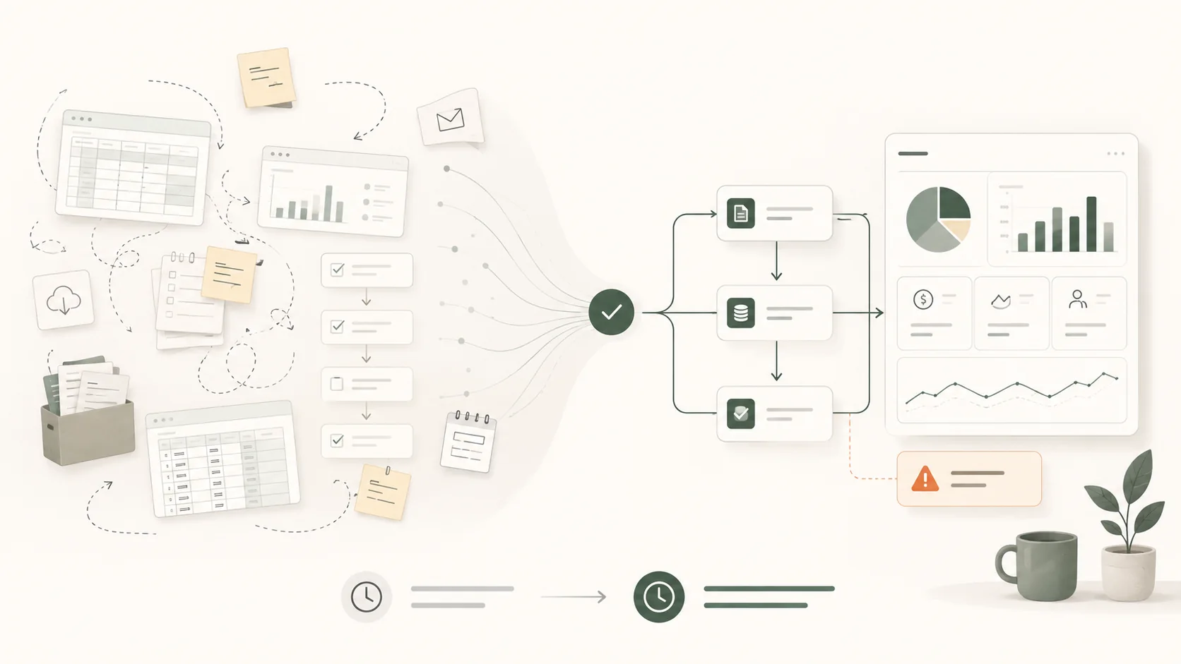 Scattered manual spreadsheets, reports and tasks becoming a simpler workflow with useful reporting and alerts.